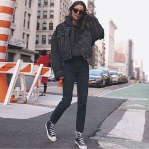 Zara Cropped Black Denim Jacket Oversized Boxy Fit Drop Shoulder Size L